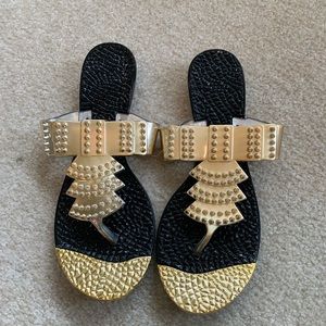 Black and gold size 8 1/2 Aden sandals , new